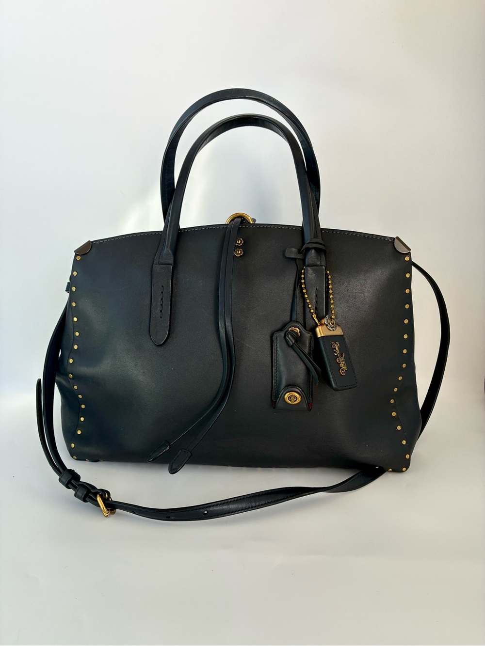 COACH Cooper Carryall Rivets Black Leather Tote Bag 2-Way Shoulder Satchel